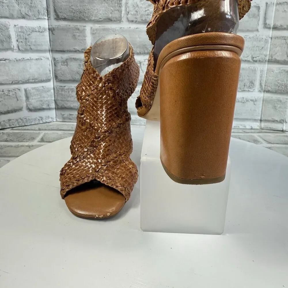 H by Halston PENELOPE Women's Size 10 Brown Leather Ankle Strap Heeled Sandals